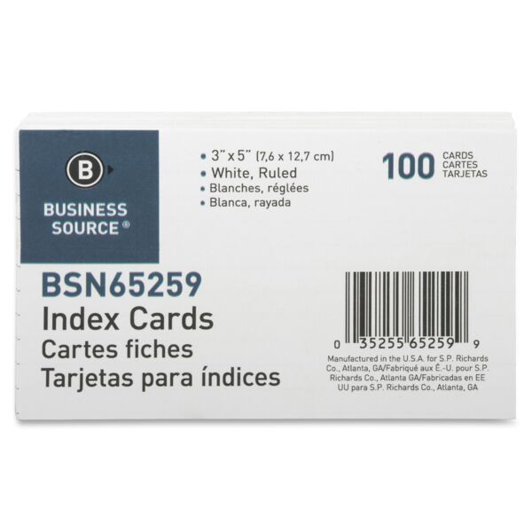 Business Source  Index Cards, Ruled, 72 lb., 3"x5", 100/PK, White Thumbnail